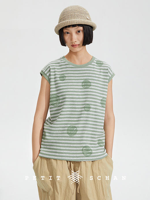 PETIT SCHAN小闪 CLO#284  Painting 绘色 棉混纺清新灰绿条纹波点圆领宽松无袖背心 商品图0