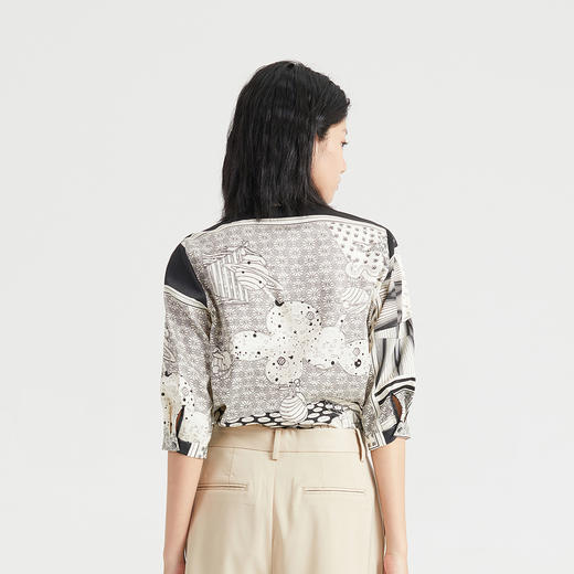 谜底2023新款纯棉衬衫女文艺复古印花上衣修身衬衣分袖236MC7113 商品图2