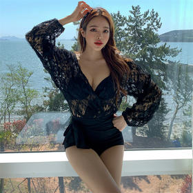 【运动户外】新款韩版ins风蕾丝仙女范性感高腰连体保守泳衣女bikini