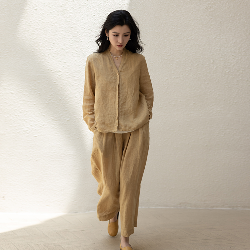 绽放410朵【甜茶系列·蜂蜜】亚麻宽松阔腿九分萝卜裤