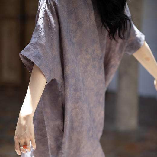 绽放414【甜茶系列·紫薯芋泥】100%苎麻脏染宽松茧型气质连衣裙 商品图2