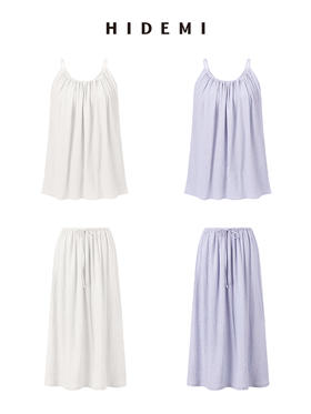 HIDEMI度假系列褶皱肌理感微灯笼式吊带套装 奶油白/奶油紫 背心/半裙