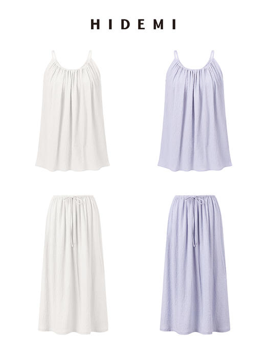 HIDEMI度假系列褶皱肌理感微灯笼式吊带套装 奶油白/奶油紫 背心/半裙 商品图0