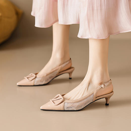 气质感V扣，尖头细跟低跟后空蕾丝凉鞋MLD-D6052 商品图2