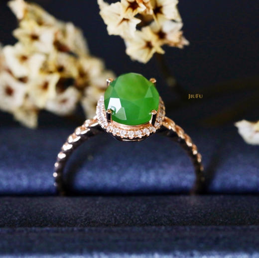 18K玫瑰金和田玉（碧玉）满钻蛋面戒指--春融 /切割蛋面7*9mm/苹果绿 商品图3