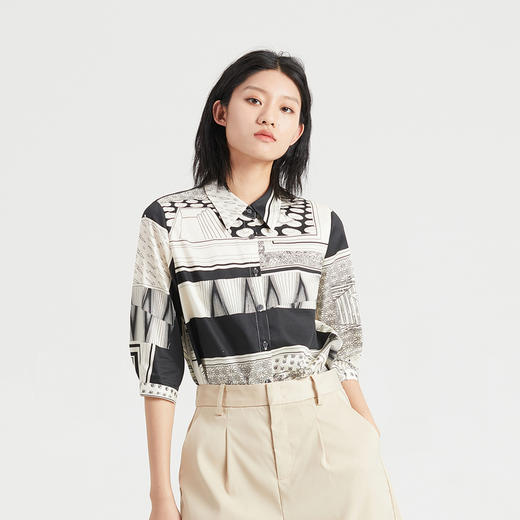 谜底2023新款纯棉衬衫女文艺复古印花上衣修身衬衣分袖236MC7113 商品图0