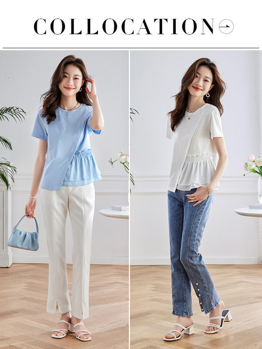 【周四狂欢价】熙世界不规则白色t恤圆领短袖宽松小个子设计感上衣 商品图4