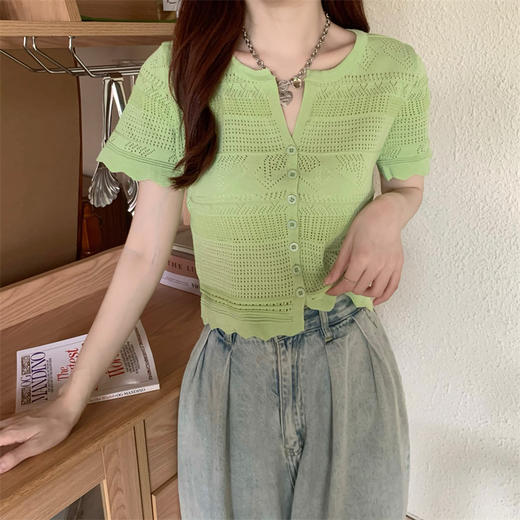 【减龄显瘦！】白色短袖冰丝针织开衫女夏季薄款法式温柔V领短款t恤上衣 商品图6