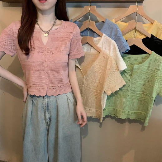 【减龄显瘦！】白色短袖冰丝针织开衫女夏季薄款法式温柔V领短款t恤上衣 商品图0