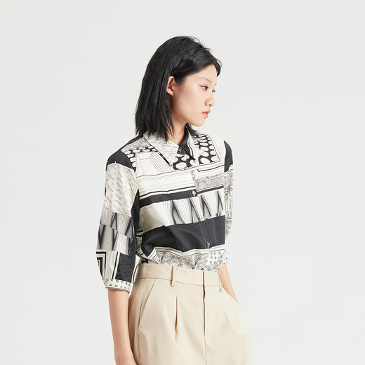 谜底2023新款纯棉衬衫女文艺复古印花上衣修身衬衣分袖236MC7113 商品图1