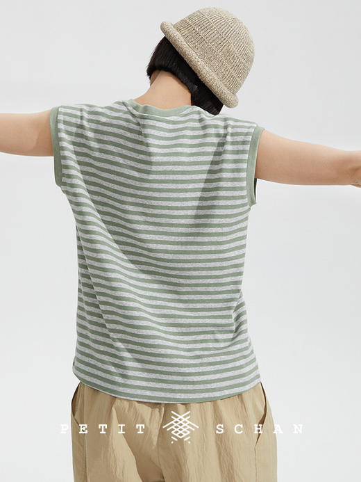 PETIT SCHAN小闪 CLO#284  Painting 绘色 棉混纺清新灰绿条纹波点圆领宽松无袖背心 商品图2