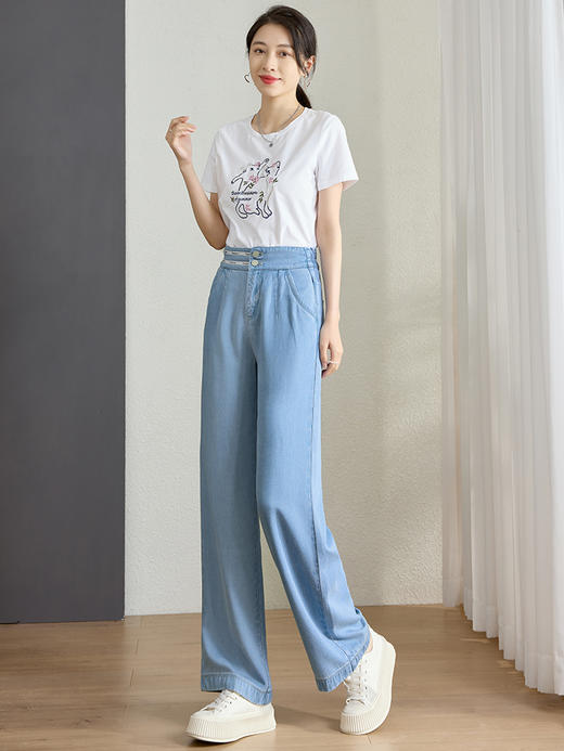 【专属特价】熙世界100天丝牛仔裤女薄2025夏季新款高腰垂感冰丝直筒阔腿裤子 商品图3