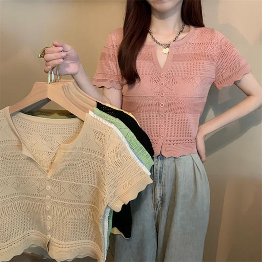【减龄显瘦！】白色短袖冰丝针织开衫女夏季薄款法式温柔V领短款t恤上衣 商品图2