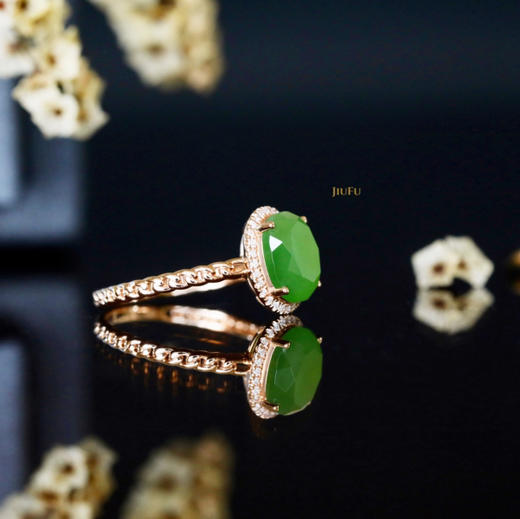 18K玫瑰金和田玉（碧玉）满钻蛋面戒指--春融 /切割蛋面7*9mm/苹果绿 商品图1