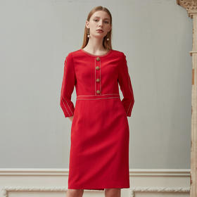 QE84B瑟俪秋季圆领钻链气质宴会礼服款中长连衣裙