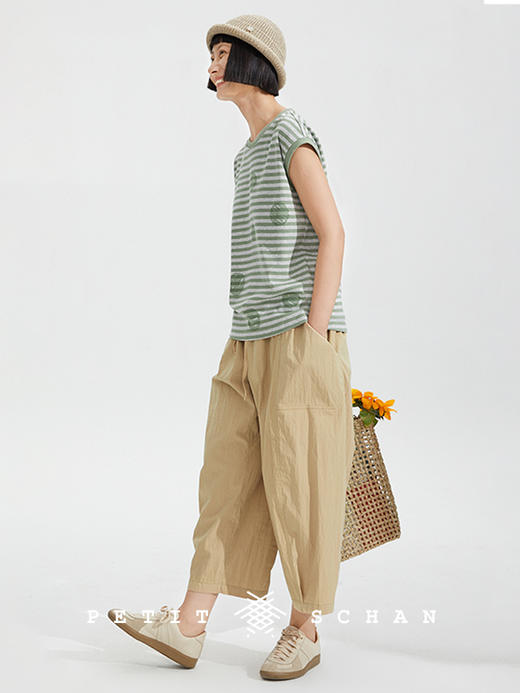 PETIT SCHAN小闪 CLO#284  Painting 绘色 棉混纺清新灰绿条纹波点圆领宽松无袖背心 商品图1