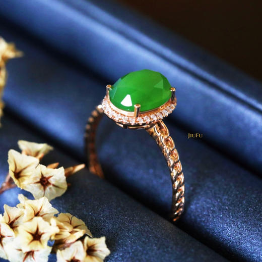 18K玫瑰金和田玉（碧玉）满钻蛋面戒指--春融 /切割蛋面7*9mm/苹果绿 商品图4