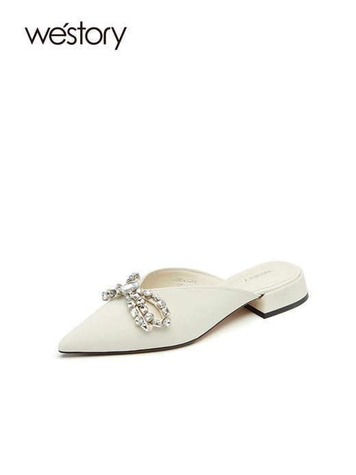 westory2023夏季新款蝴蝶结水钻细跟包头拖法式厚底拖鞋女56101 商品图2