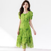 夏季新款，短袖裙气质优雅中长款高腰A字裙绿色印花连衣裙QYM-TB-CY0930-Y 商品缩略图0