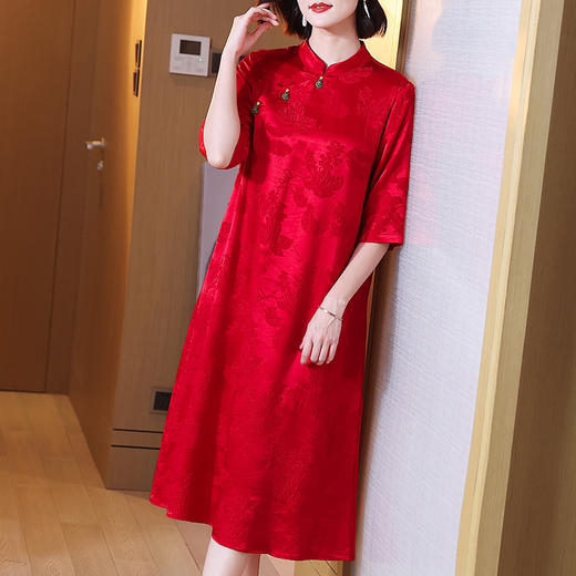 KDS-2290真丝冠乐绉连衣裙新中式宽松立领中袖喜婆婆妈妈喜庆红色礼服 商品图0