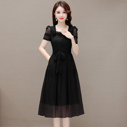 夏季薄款，中长裙时尚新款木耳边系带收腰长款A字裙方领纯色连衣裙QYM-JJ-YZX23A65-Y 商品图6