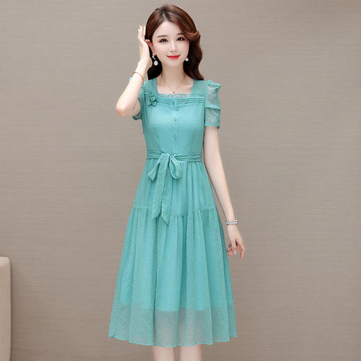 夏季薄款，中长裙时尚新款木耳边系带收腰长款A字裙方领纯色连衣裙QYM-JJ-YZX23A65-Y 商品图1