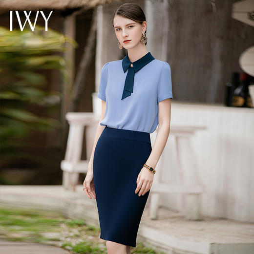 IWY/蓝色设计感职业套装女衬衫半裙两件套夏季部商务接待工装B285+S833 商品图2