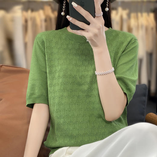 邢沐阳-夏季薄款中袖上衣女2023新款镂空圆领针织短袖T半袖打底衫 商品图3