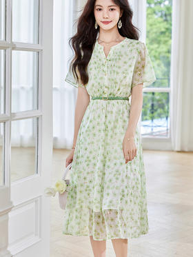 【专属特价】熙世界气质清新绿色碎花长裙女夏季新款收腰法式茶歇裙雪纺连衣裙