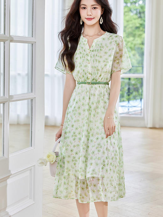 【专属特价】熙世界气质清新绿色碎花长裙女夏季新款收腰法式茶歇裙雪纺连衣裙 商品图0