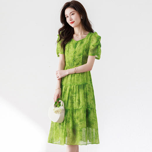 夏季新款，短袖裙气质优雅中长款高腰A字裙绿色印花连衣裙QYM-TB-CY0930-Y 商品图1