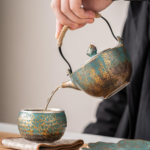 常青釉金银彩提梁壶家用陶瓷茶壶单壶日式手工复古功夫茶具泡茶壶 商品图1