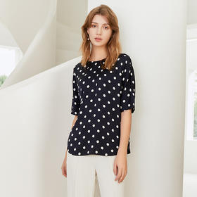 【桑蚕丝圆领T恤】23年春夏女士新品桑蚕丝T恤藏青底圆点印花上衣
