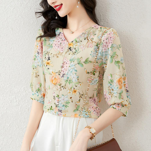遮肚洋气，中袖雪纺衫碎花减龄小衫KQL-E253N8040 商品图0