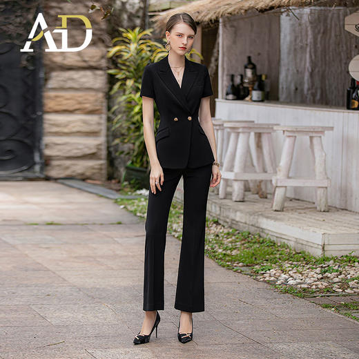 AD高级感阔腿裤西装套装女气场强大职业装金属两粒扣黑色西服正装 商品图1