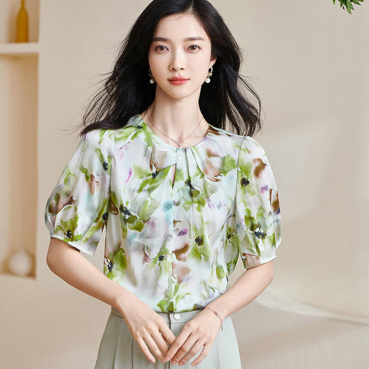 米思阳2025夏季新款透气真丝衬衣宽松遮肉桑蚕丝女上衣短袖女1509 商品图0