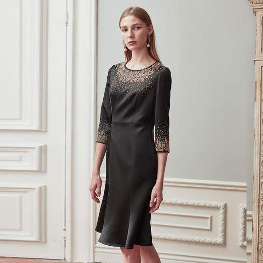 QE89A春季新品优雅烫钻鱼尾礼服裙收腰七分袖连衣裙 商品图1