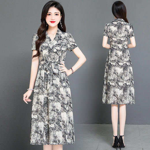 时尚气质，中长款短袖裙系带收腰A字裙西装领印花连衣裙QYM-HSY-I23A793-Y 商品图2