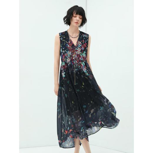 COCOBELLA气质轻熟烟花印花雪纺无袖连衣裙女V领背心裙FR569 商品图3