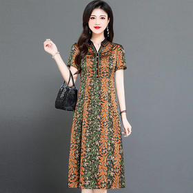 夏季新款，短袖裙气质女装宽松休闲中长裙妈妈装印花连衣裙QYM-HSY-I23A786-Y