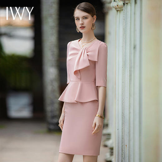 IWY/粉色连衣裙女夏季新款收腰显瘦名媛气质美容院前台接待工作服Q929 商品图3