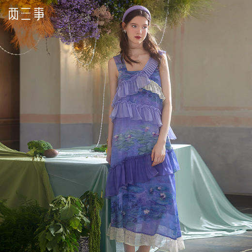 两三事云雾睡莲夏季新款复古吊带连衣裙荷叶边小众原创长裙 商品图0