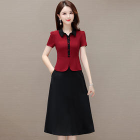 夏季新款，拼结中长款假两件气质优雅妈妈裙娃娃领短袖连衣裙QYM-KED-H1195-Y