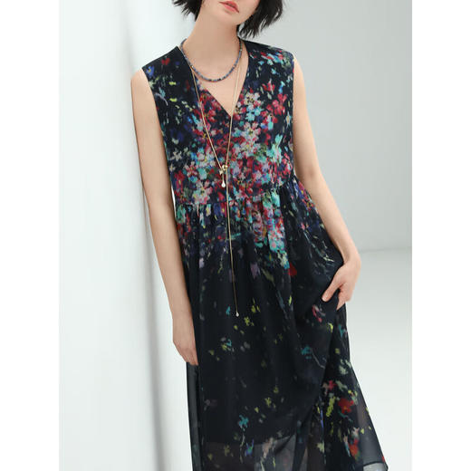 COCOBELLA气质轻熟烟花印花雪纺无袖连衣裙女V领背心裙FR569 商品图2