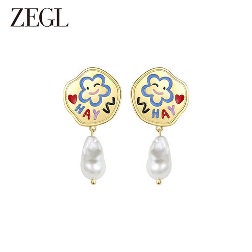 ZEGL设计师童心彩绘系列笑脸珍珠耳环女耳钉银针耳饰 商品图0