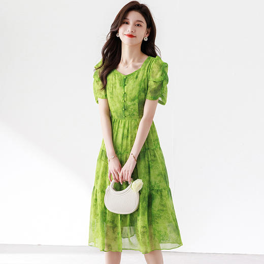 夏季新款，短袖裙气质优雅中长款高腰A字裙绿色印花连衣裙QYM-TB-CY0930-Y 商品图2