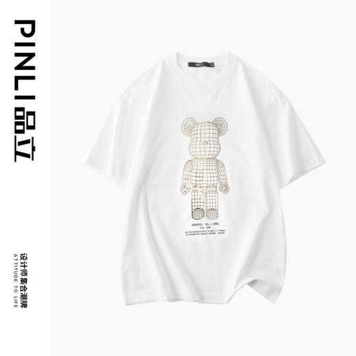 PINLI品立夏季新款纯棉烫钻休闲体恤小熊圆领短袖T恤男装潮牌上衣D212711393 商品图3