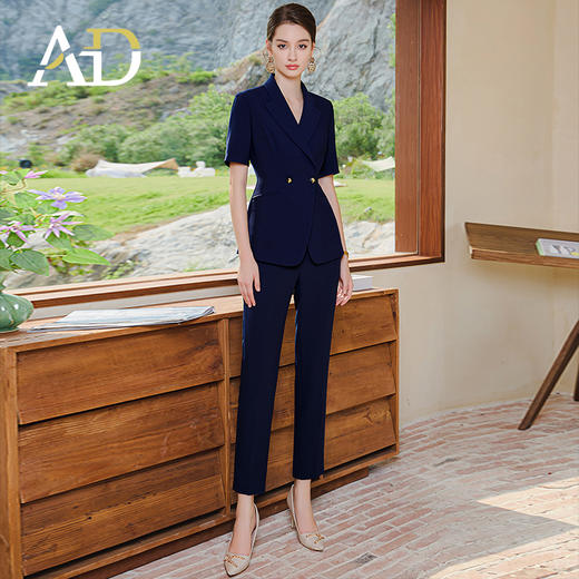 AD高级感两粒扣西服套装女藏青色职业装正式场合商务套裙工作服 商品图3