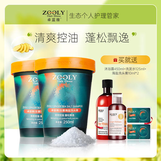 优选丨买一送一 卓蓝雅生姜海盐洗头膏 清爽控油蓬松洗发水头皮护理清洁去屑洗发露  到手250ml*2瓶（赠送沐浴露450ml+生姜海盐洗头膏10ml*4） 商品图0
