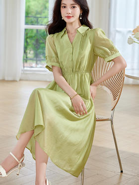 【五折购】熙世界天丝衬衫式连衣裙女短袖2025夏季优雅气质收腰显瘦法式裙子